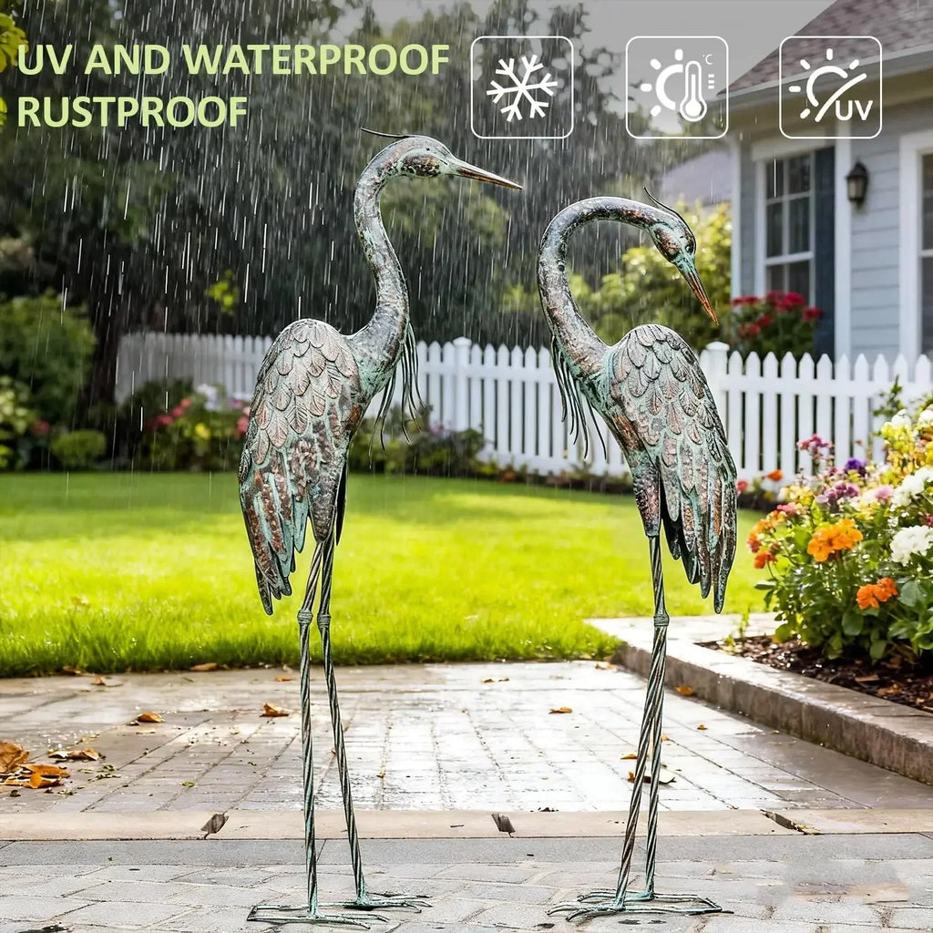 Garden Crane Statues, Standing Metal Patina Heron Decoy Outdoor Statue, 42-46 Inch Bird Yard Art for Patio Lawn Pond, Set of 2