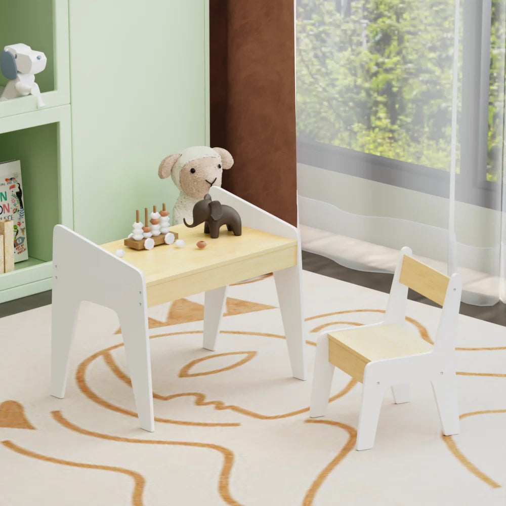 Kids Table Set with One Chair, Wooden Children Study Table, 2-8  Age Kids Funiture , White+Natural