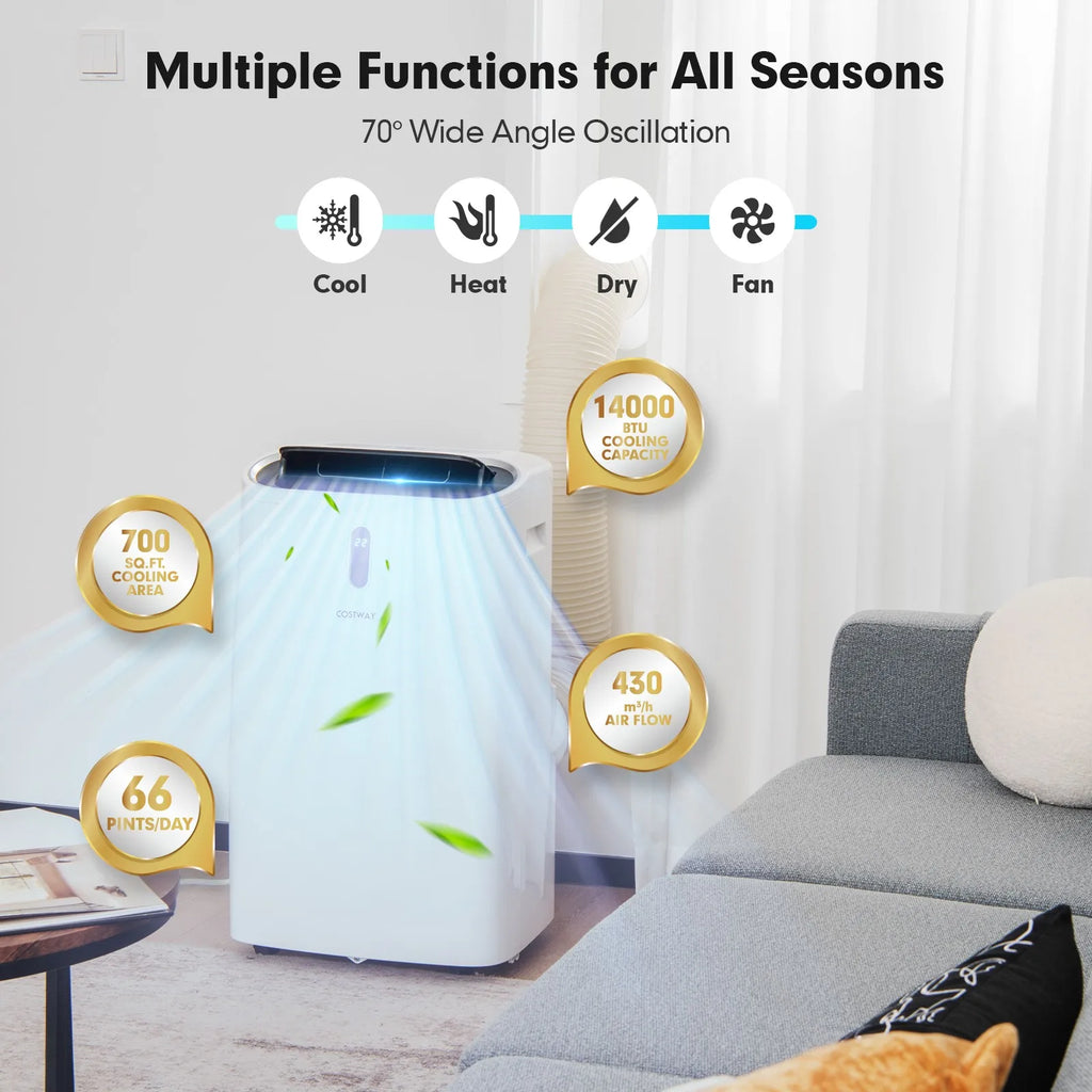14000 BTU 4-in-1 Portable Air Conditioner Cooling Dehumidifier Heater Fan White