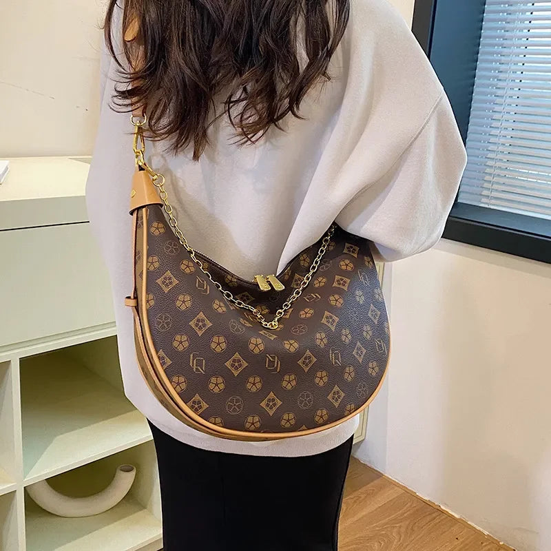 Free shipping Designer Patterned Hobo Bag with Chain Detail & Adjustable Strap Fashion Stylish Versatile Trendy Women's Handbag