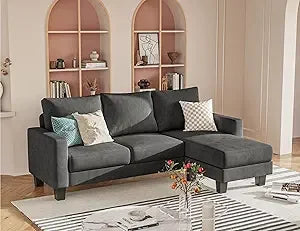 Homall Living Room Sofa, Sofa with Convertible Chaise Lounge, Three-seat L-shaped Sofa, Comfortable Fabric Sofa