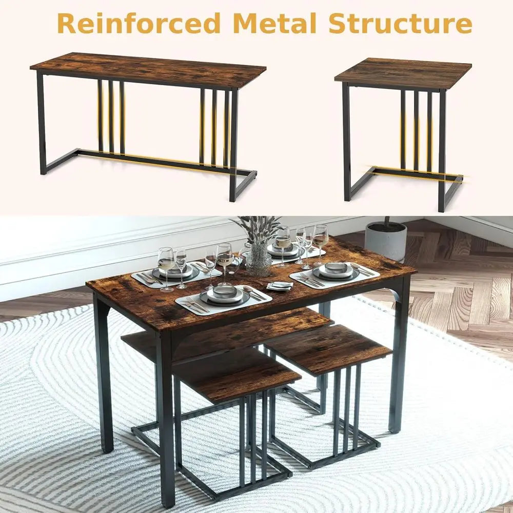 Dining Table and Stools Set with Bench, 4 Pieces Steel e Kitchen Table Set with Adjustable oot Pads, Space-Saving Wooden Dining