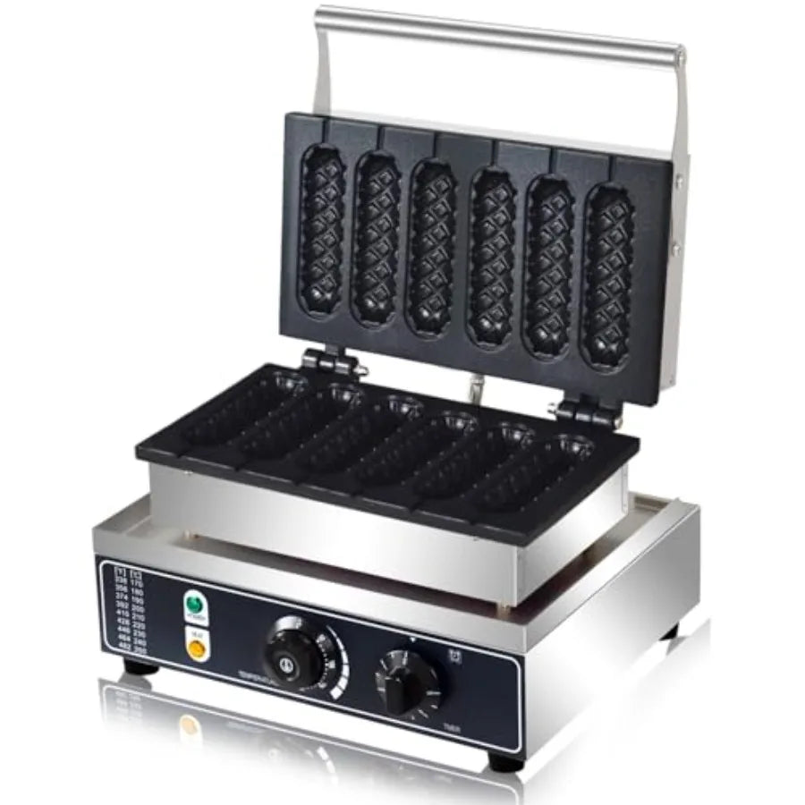 Commercial 1600W Corn Dog Waffle Maker 6-Slice Non-Stick Stainless Steel Hot Dog Waffle Iron with Temperature and Time Control
