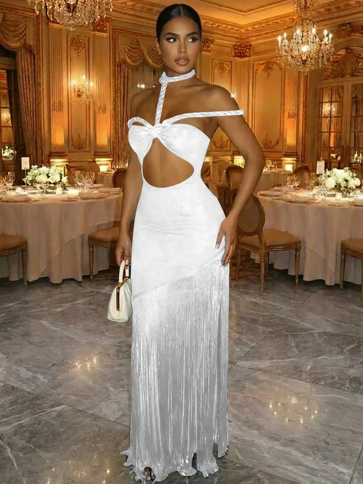 Solid Color Sexy Hollow Out Bodycon Tassel Hem Halter Cocktail Dress For Women Wedding White Spring Party