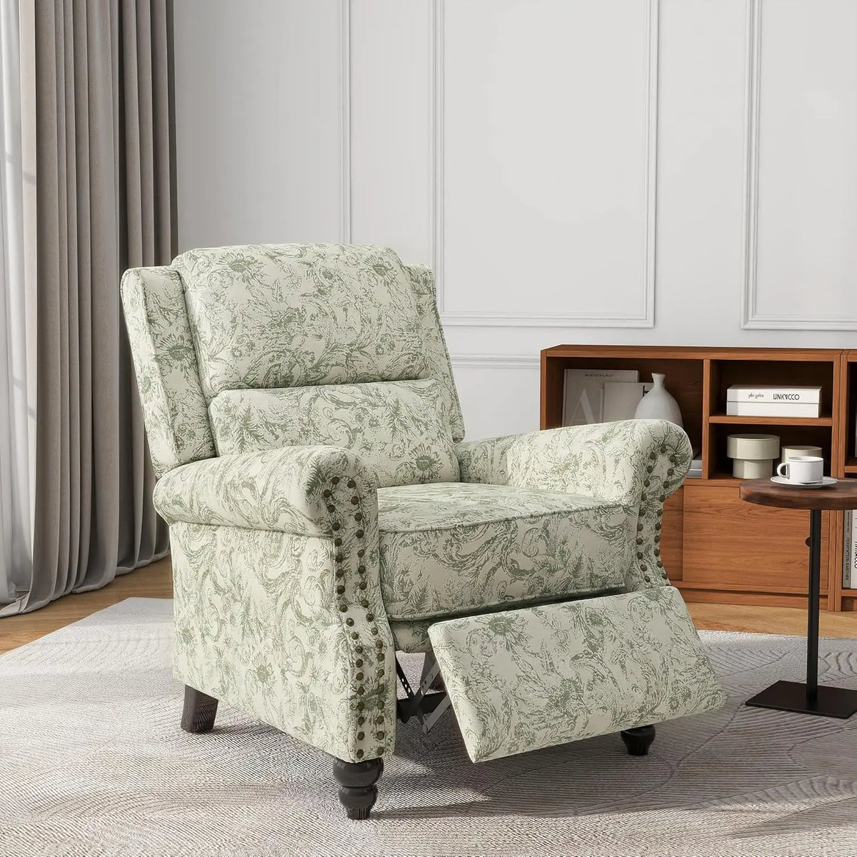 Pushback Floral Recliner Chair, Fabric Upholstered Armchair Push Back Accent Chair For Living Room, Rivet Trim Club, Customized