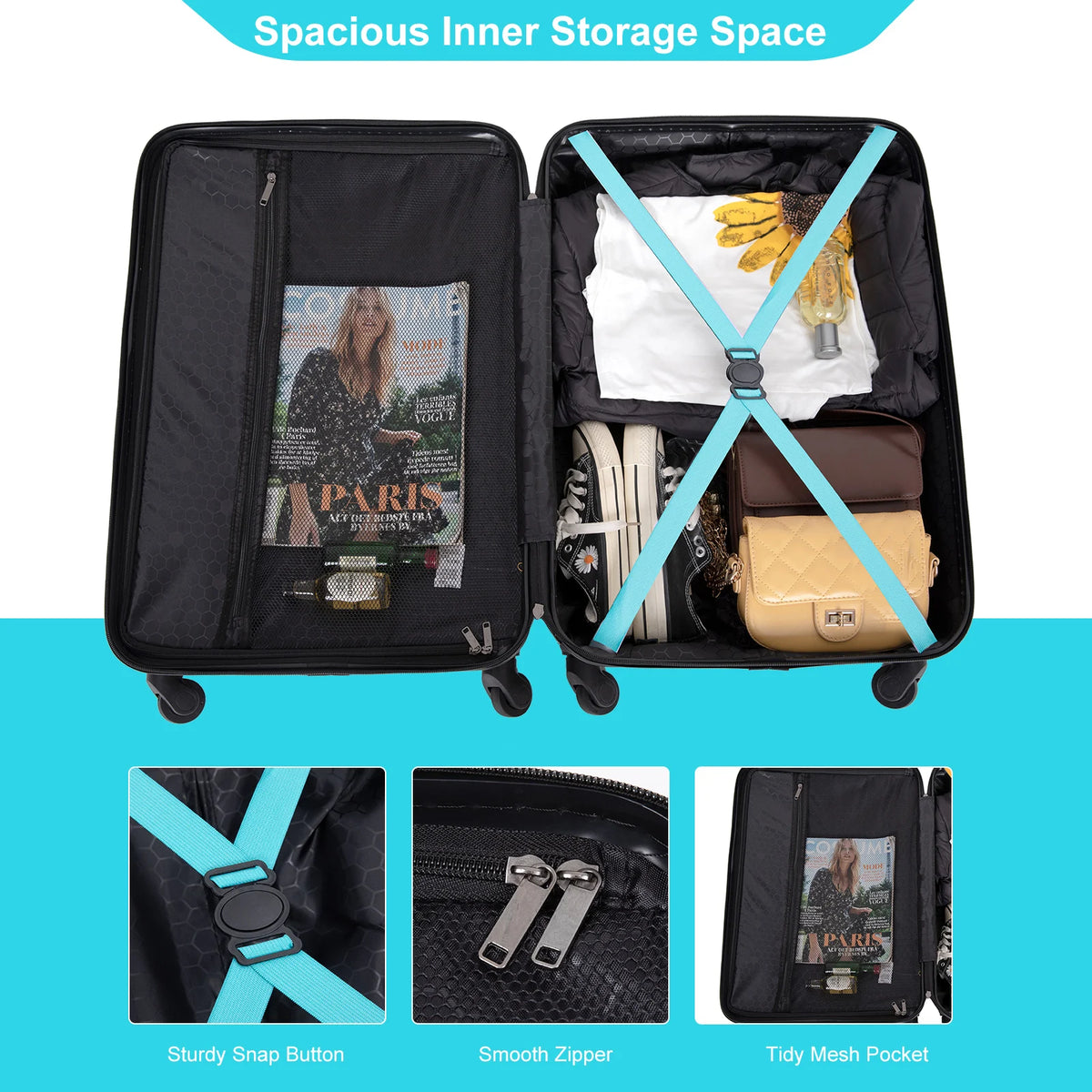 3 Piece Luggage Sets ABS Lightweight Suitcase with Two Hooks, Spinner Wheels, TSA Lock, (20/24/28) Turquoise  luggage travel bag