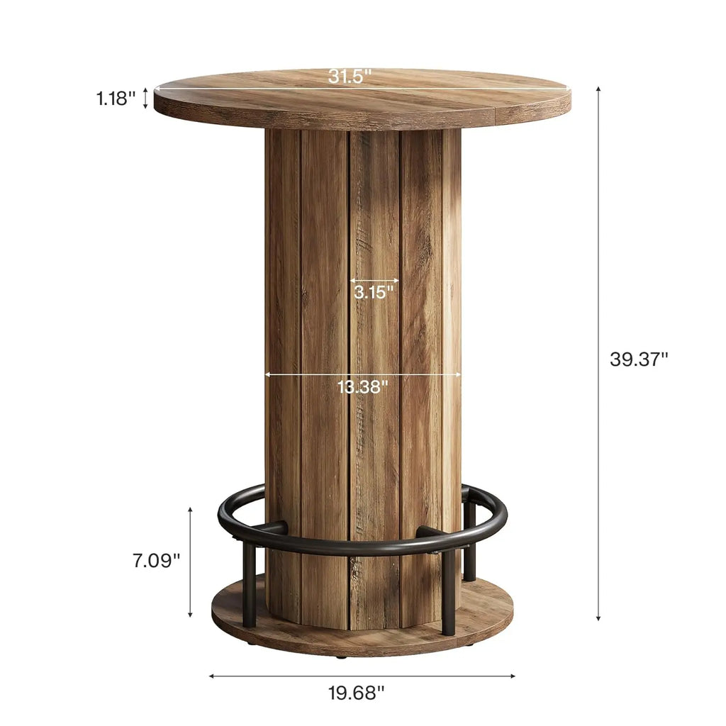 Round Bar Table, 39.4" H Wood Bistro Pub Table with Metal Ring Footrest for Dining Coffee Cocktail Living Room,, Customized
