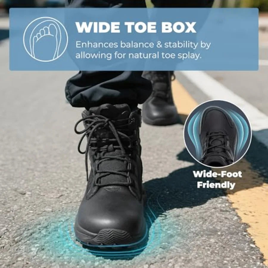 NORTIV Men's Wide Toe Box Work Military Tactical Boots Barefoot Hiking Low Drop Leather Side Zipper Motorcycle Combat Boots Pik