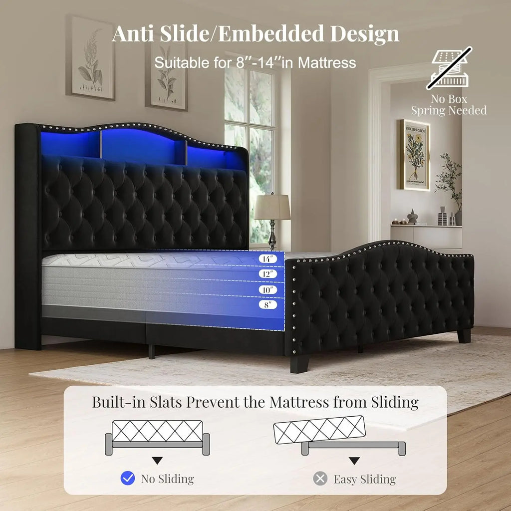 Upholstered Wingback Bed Frame LED Lights Storage Charging Station Tufted No Box Spring, Customized