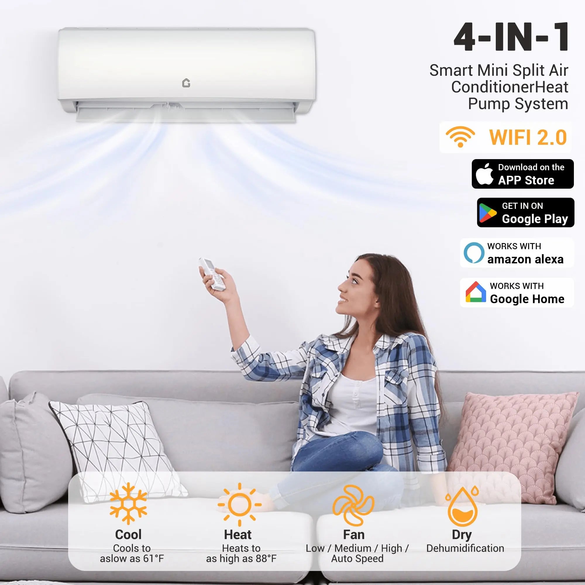 4-in-1 Mini Split Air Conditioner, 9000BTU Smart Wall Mounted AC & Heat Pump For 750 Sq Ft Room, 208-230V/60Hz