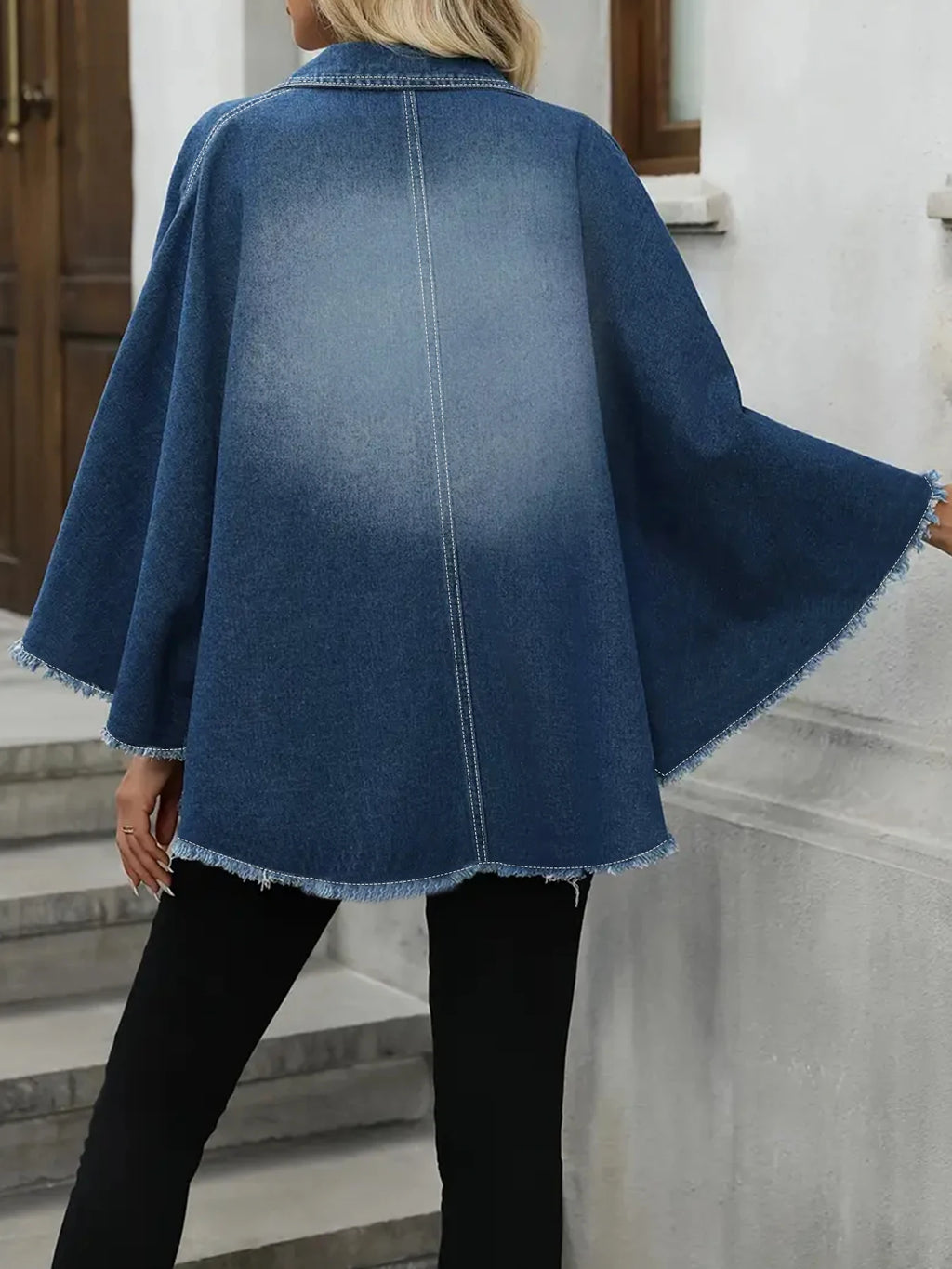Plus Size Women's Denim Jacket Loose Fit with Frayed Hem And Cloak Design Casual Comfortable plus Size Women's Jeans Jacket