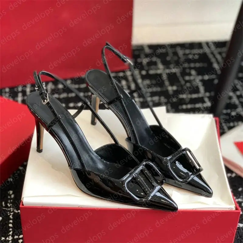 High heels designer sandals classics metal buckle pointed toe thin heel summer valentinolies luxurys brand genuine leather woman