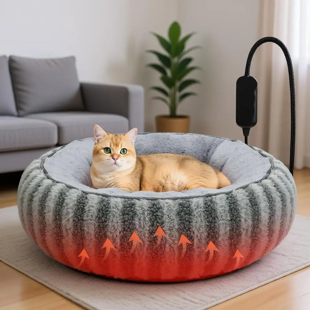 Heated Cat Bed Indoor - Heating Donut Pet Bed for Cats and Small Dogs, Ultra Soft & Cozy Sleeping Cat Beds, Machine Washable, Sa