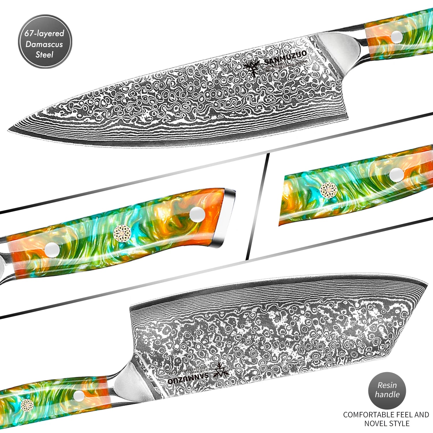 SANMUZUO 2PCS Kitchen Knife Set - Xuan Series - VG10 Damascus Steel Chef Knife & Nakiri Knife, Best Gift for Chef - Resin Handle