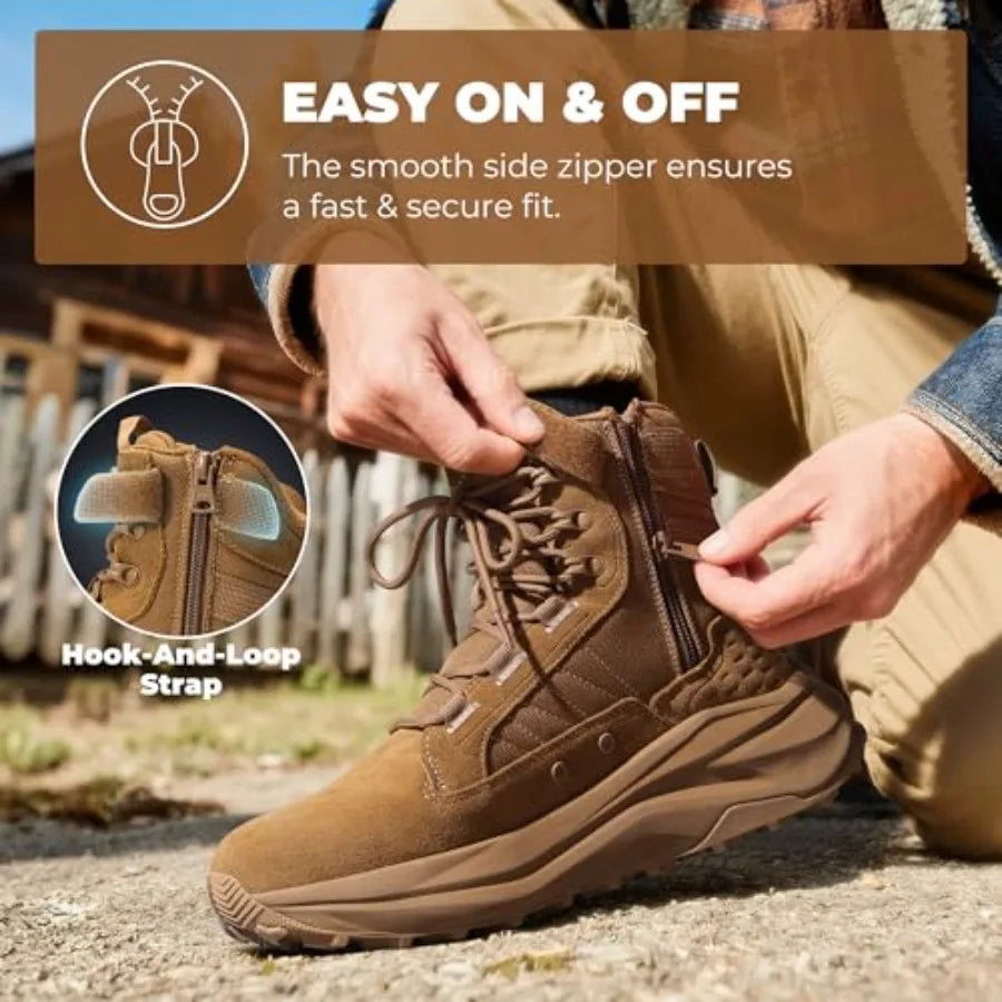 NORTIV Men's Wide Toe Box Work Military Tactical Boots Barefoot Hiking Low Drop Leather Side Zipper Motorcycle Combat Boots Pik