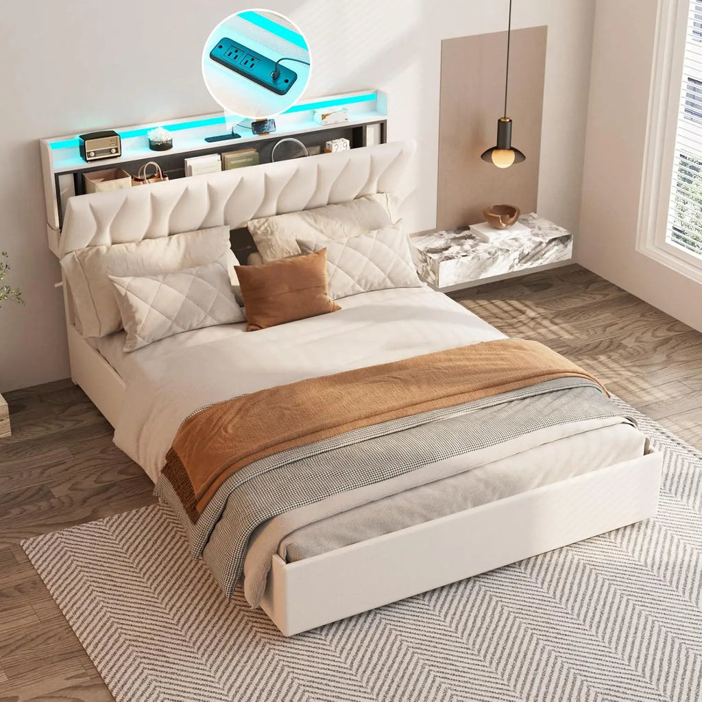 Queen Size Lift-Up Storage Bed Frame with Adjustable Headboard, Charging Station, LED Lights, and Noise-Free Design