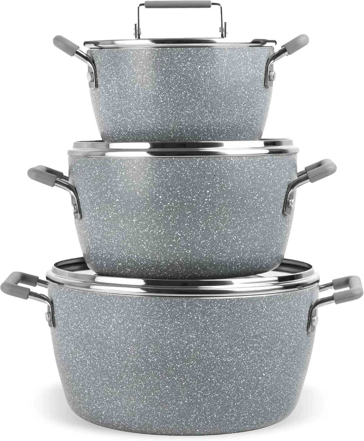 Nonstick Stackable Cooking Pots Set, 6-Piece Gray Granite Coating, Space-Saving Kitchen Cookware with Lids for Home Chefs