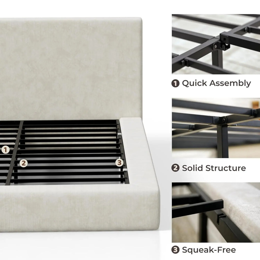 Upholstered Queen Bed Frame with Headboard Foam Padded Platform No Box Spring Easy Assembly Cream Customized