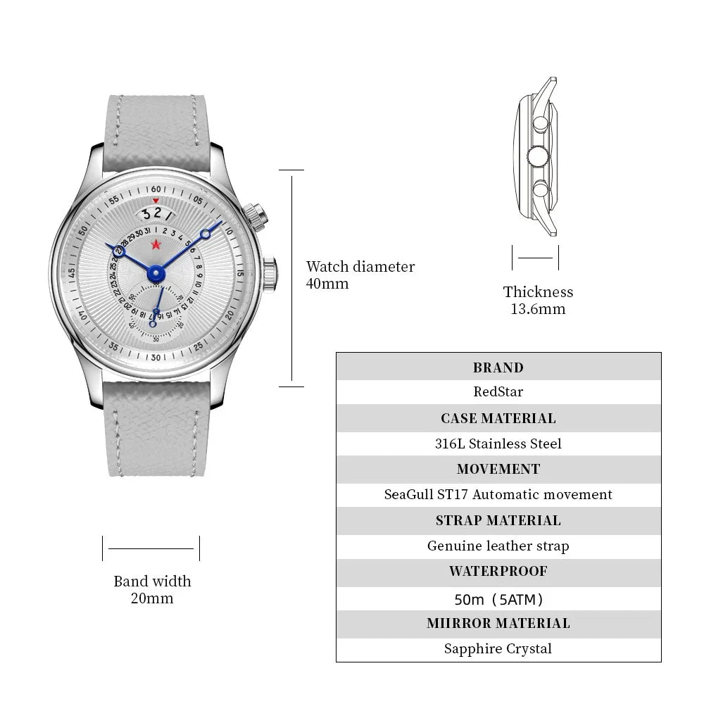 RED STAR  Watches for Men 40mm Seagull ST1716 Movement  5ATM Automatic Mechanical Watch Push-Button Calendar Sapphire Crystal
