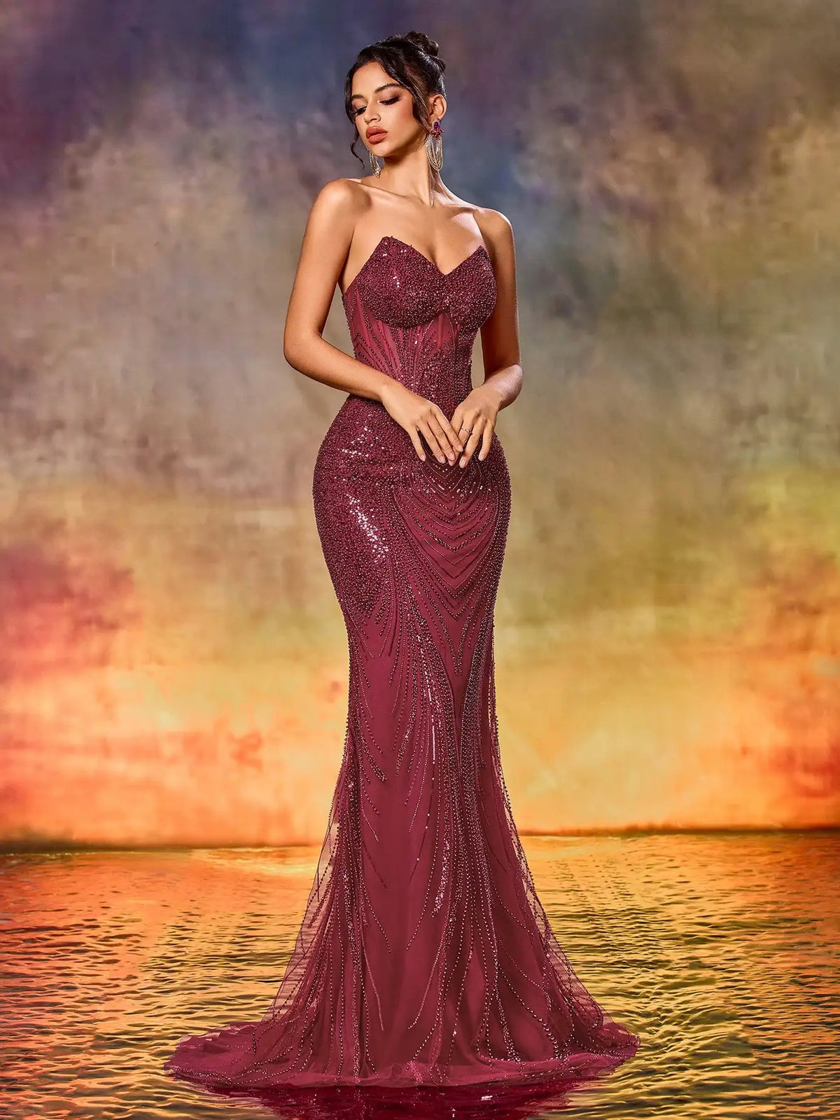 Elegant Strapless Beaded Mermaid Evening Gown For Formal Party Wedding Guest