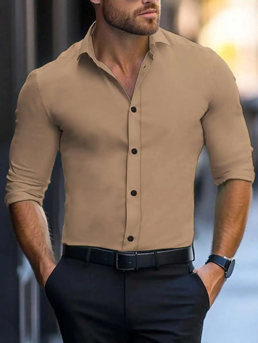Men's Solid Cream Slim Fit Long Sleeve Button-Down Shirt for Business Casual Wear