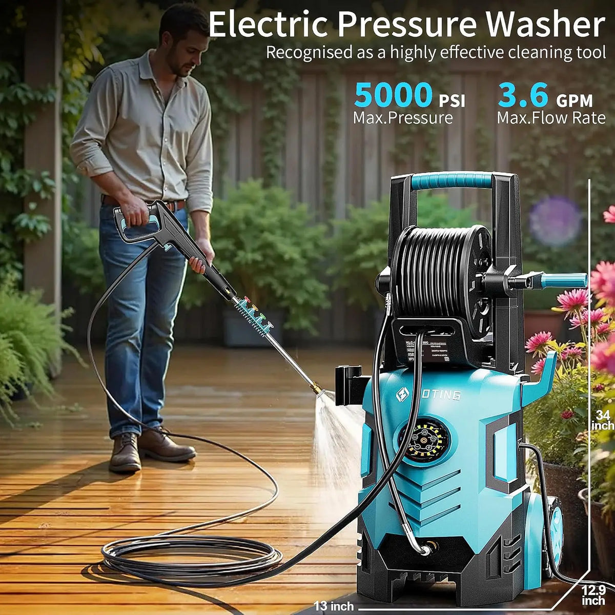 2026new Pressure Washer 5000PSI with Adj-8-Level Touch Screen, 34" Tall Power Washer, 4 Quick Connect Nozzles, Inlet