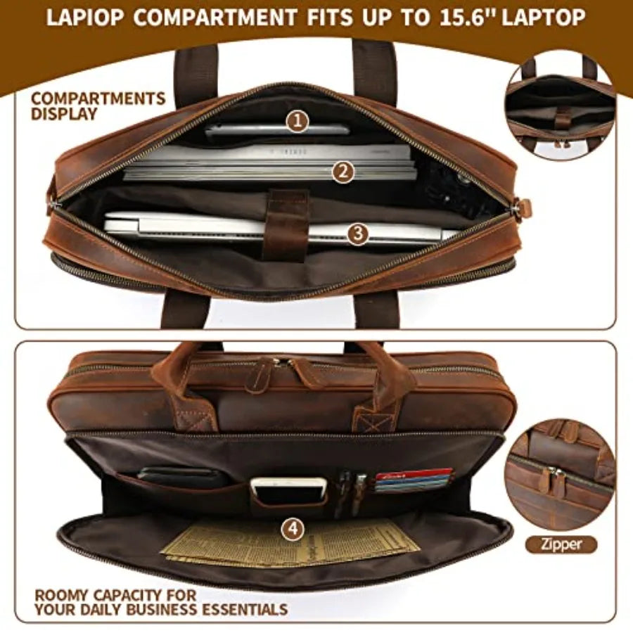 Full Grain Leather Briefcase for Men Business Messenger Bag Laptop Case Fits 15.6 Inch Laptop Brown Premium Quality Durable Des