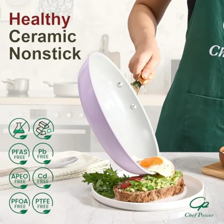 Ceramic Cookware Sets 15Pcs Pots and Pans Set Non Stick Cookware Set with Stainless Steel Handle Dishwasher Oven Safe Light Pur