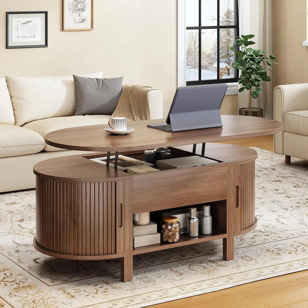 43.3" Oval Lift Top Coffee Table with Hidden Compartment, Fluted Wood Coffee Table with Sliding Door,Customized