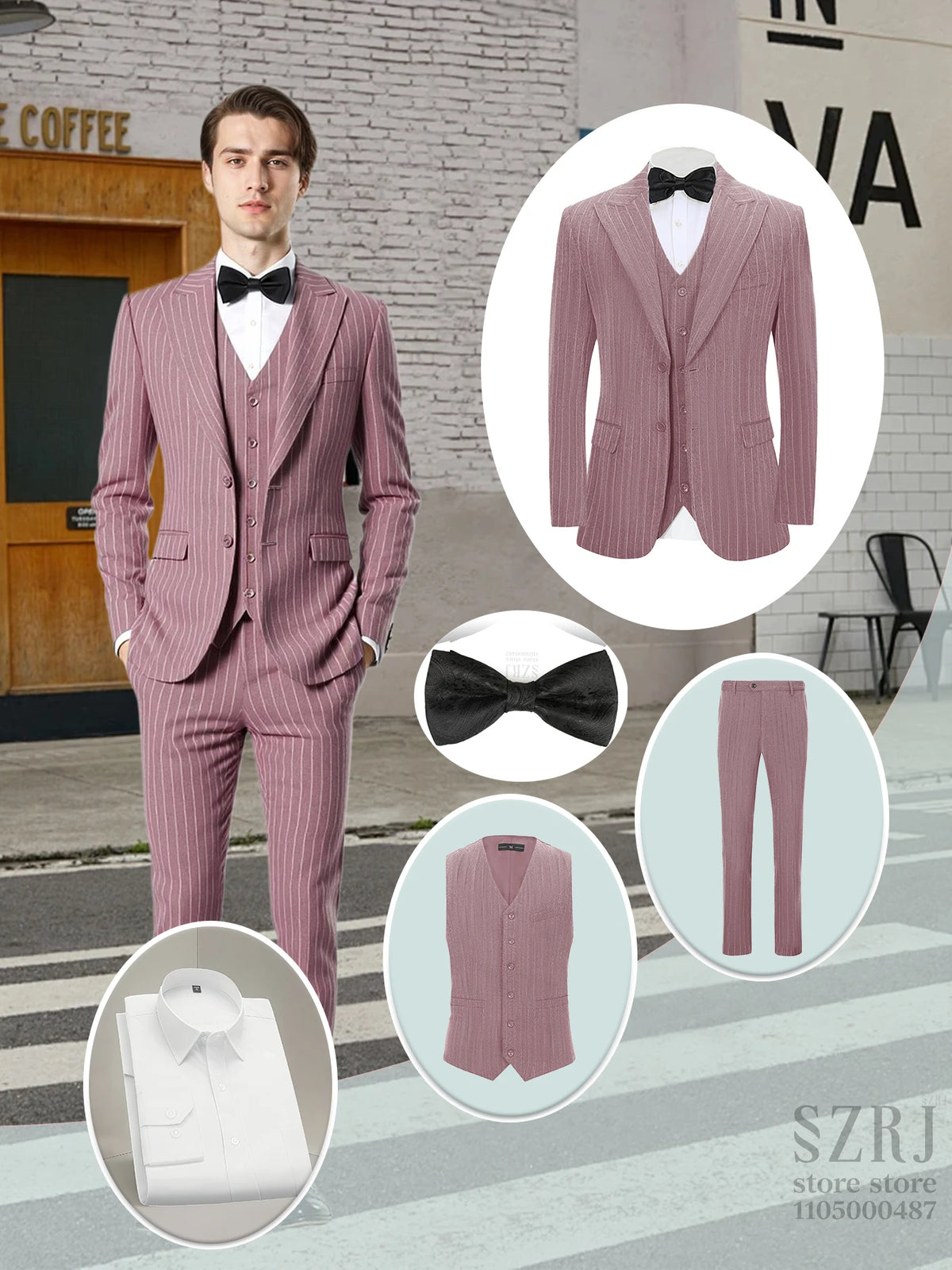 Men's 5-piece vertical striped suit+double button jacket+pants+white shirt+black tie, suitable for wedding/business/daily wear