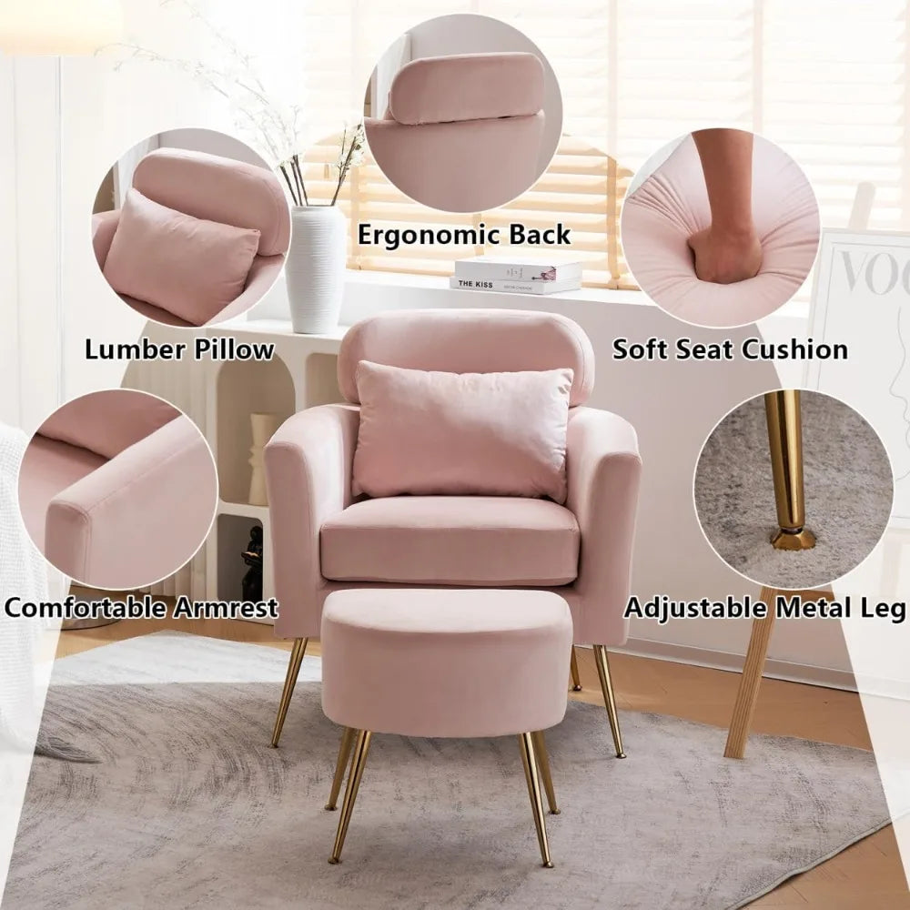 Accent Chair and Ottoman Set, Upholstered Flannelette Armchair for Living Room, Comfy Single Chair with Gold Feet & Footrest, In