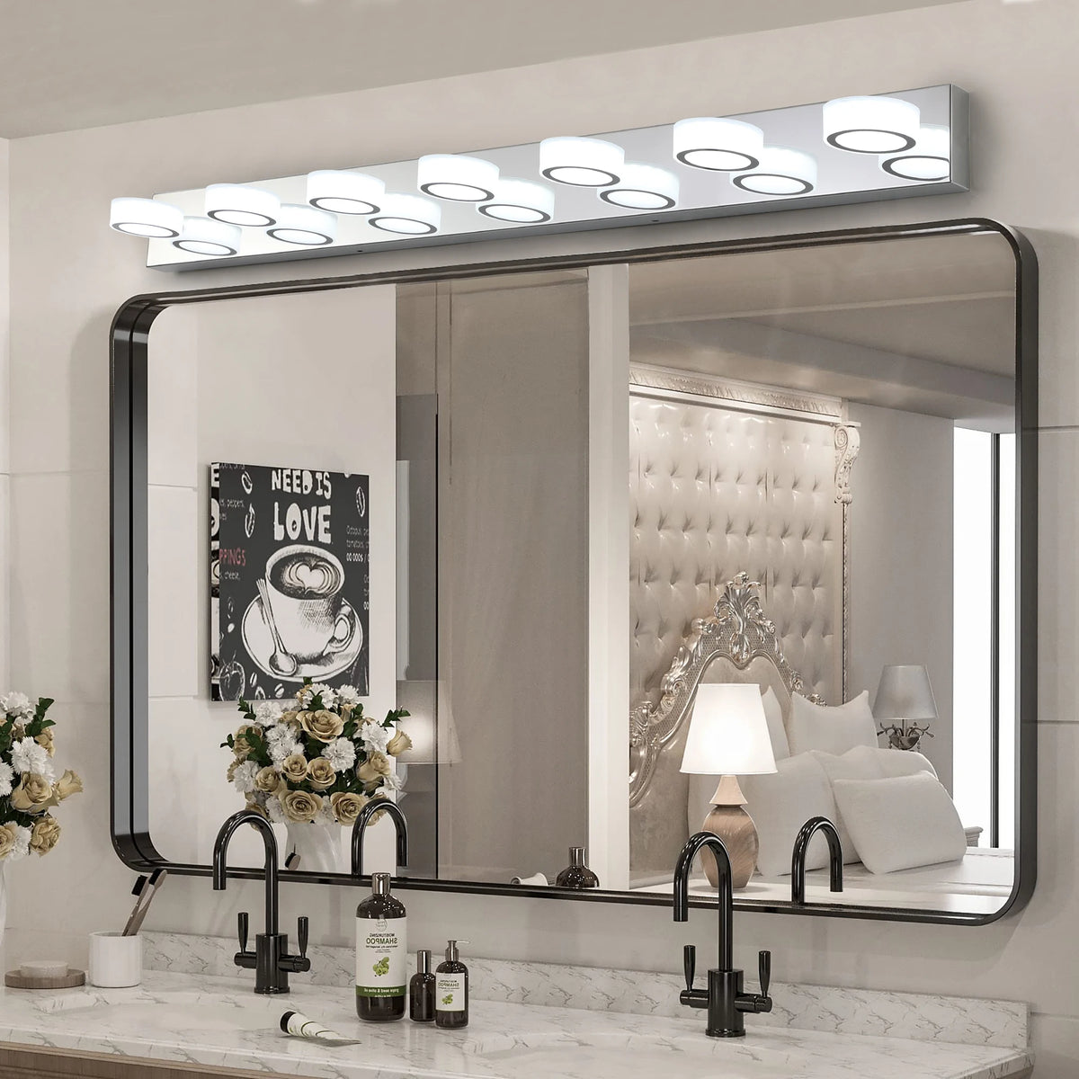 7-light Modern silver LED dressing area lighting fixture with acrylic lampshade - energy-saving bathroom wall light with adjusta