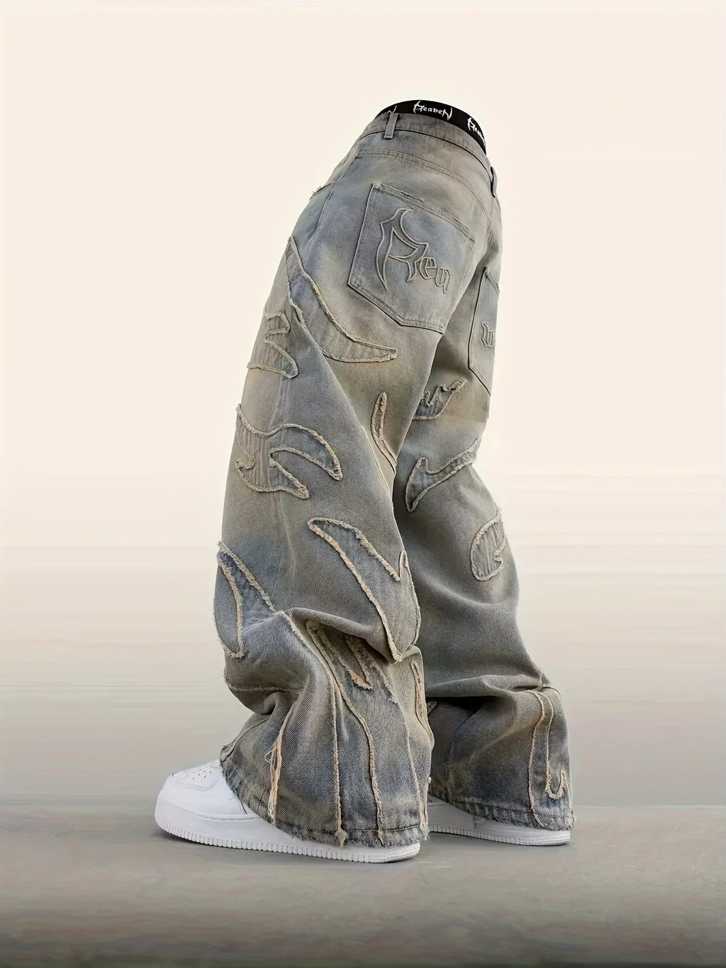 Men's Loose Aesthetic Streetwear Jeans, Men's Retro Fashion Wide-Leg Denim Pants, Pattern Embroidery Designer Hip-Hop Style Denim Pants