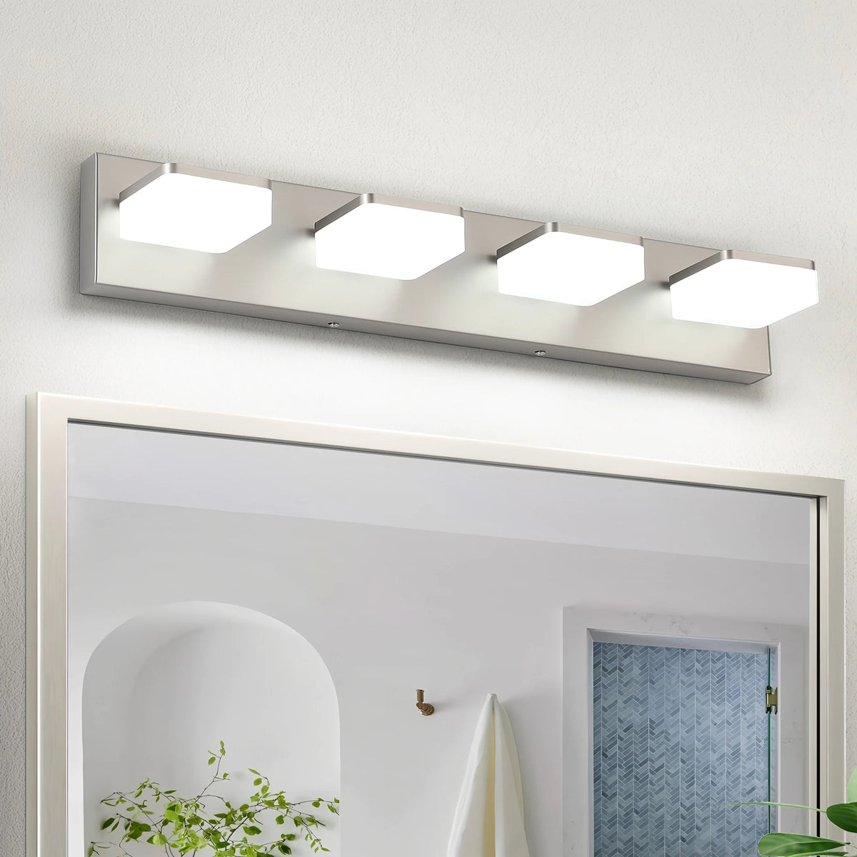 25.59-Inch LED Modern Mirror Headlight, 360° Rotating Art Light, Acrylic + Metal, Dimmable Bathroom Vanity Light