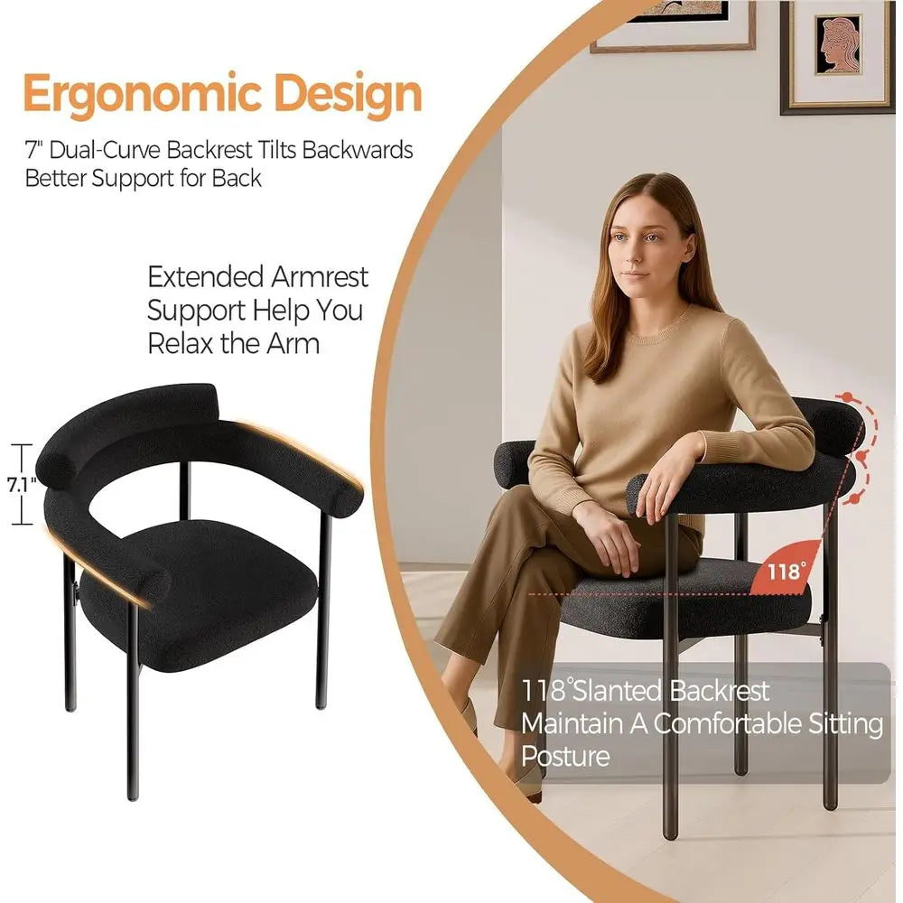Set of 4 Modern Black Boucle Dining Chairs with Arms, Barrel Design, Metal Legs, and Curved Backrests for Kitchen and Dining Roo