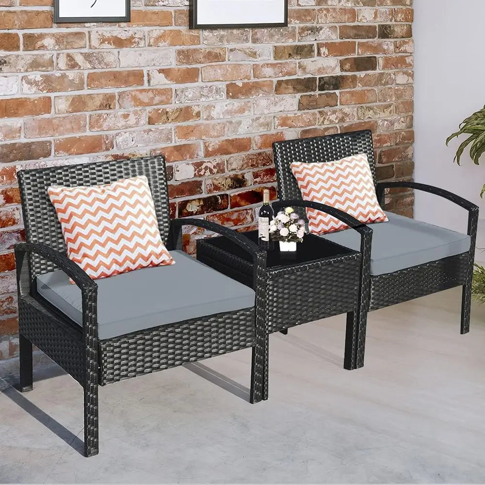 Grey Outdoor Patio Furniture Set: 3-Piece Rattan Sectional with 2 Chairs & Coffee Table for Garden, Balcony, Backyard, Poolside