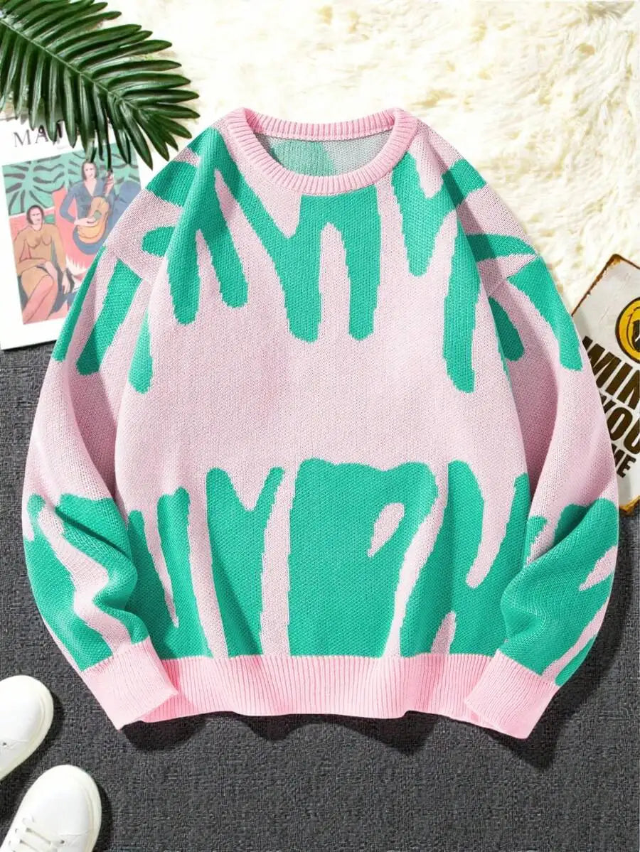 Men's Oversized Graphic Knit Sweater with Bold Black Pattern, Fall Winter Casual Wear