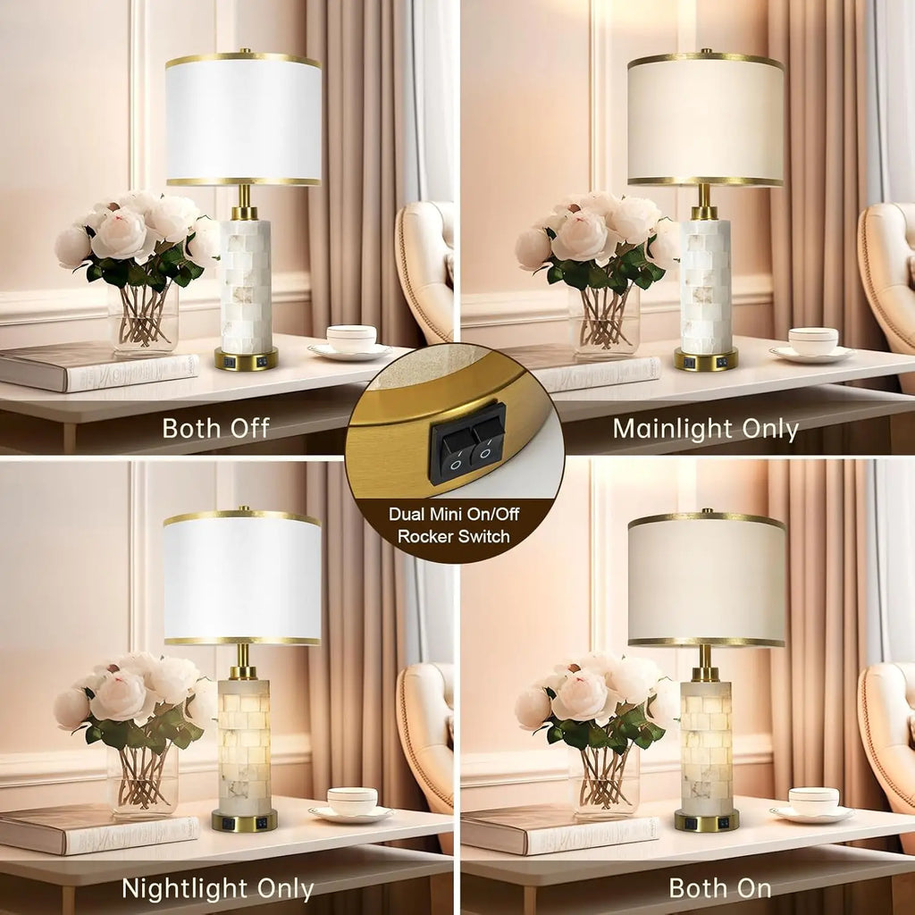 Set of 2 Modern Table Lamps with USB Ports and Night Light, Alabaster Design for Living Room or Bedroom