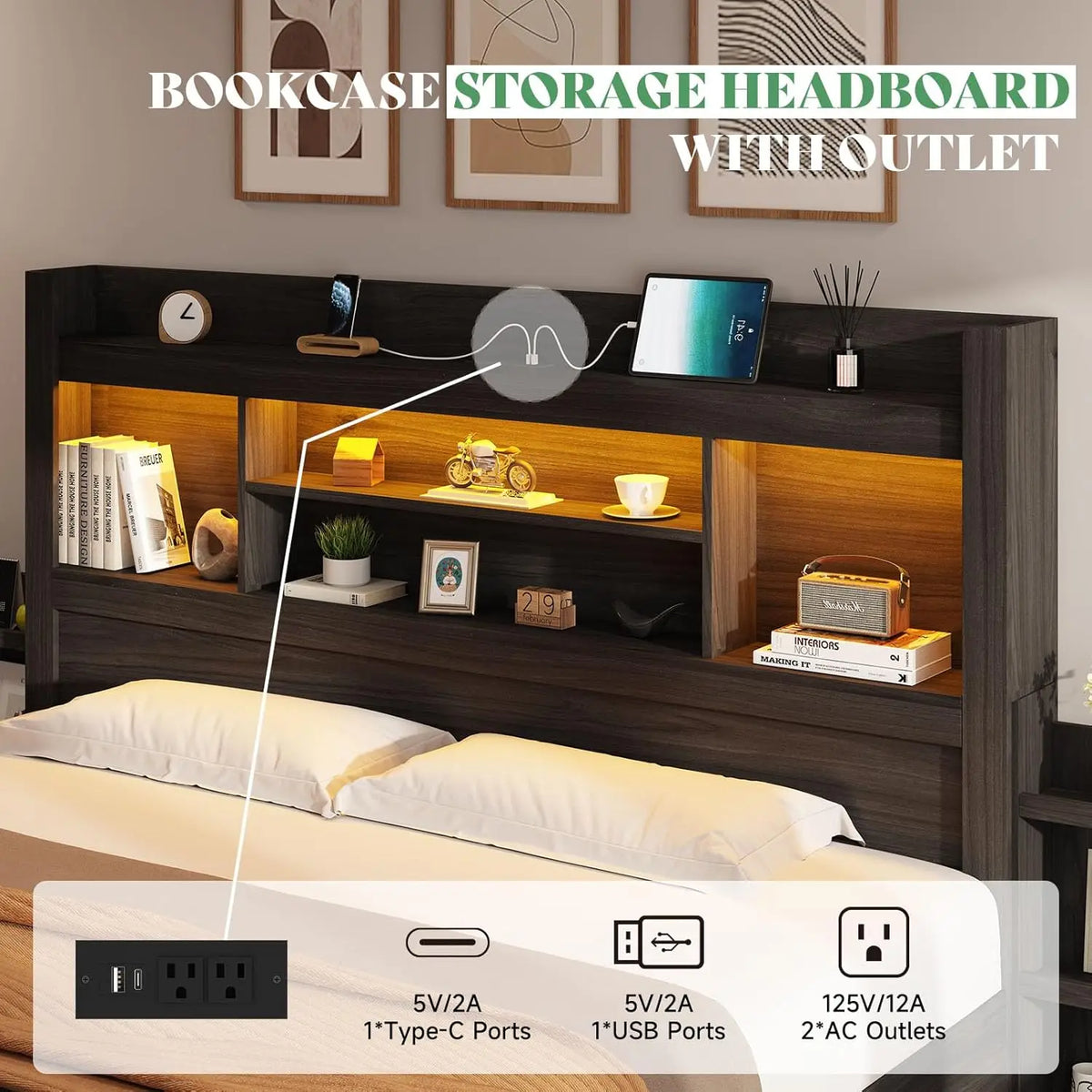 King Size Bed Frame with 4 Storage Drawers, LED Bed Frame with 49.6" Tall Bookcase Headboard, Wood Platform Bed with Charging St