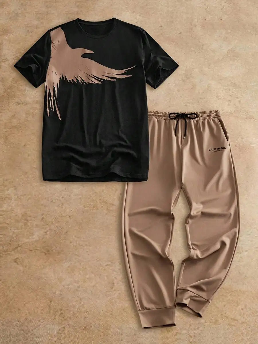 Men's 2-Piece Casual Set: White Short Sleeve Tee with Bird Graphic + Olive Drawstring Joggers