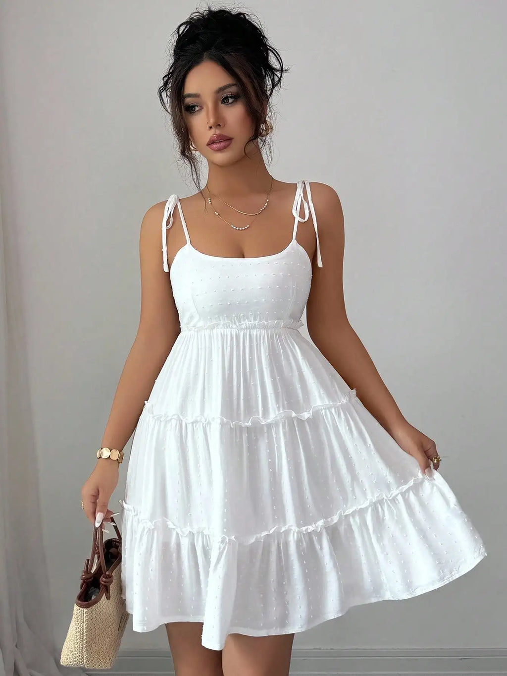 White Swiss Dot Tiered Ruffle Cami Dress for Summer Vacation