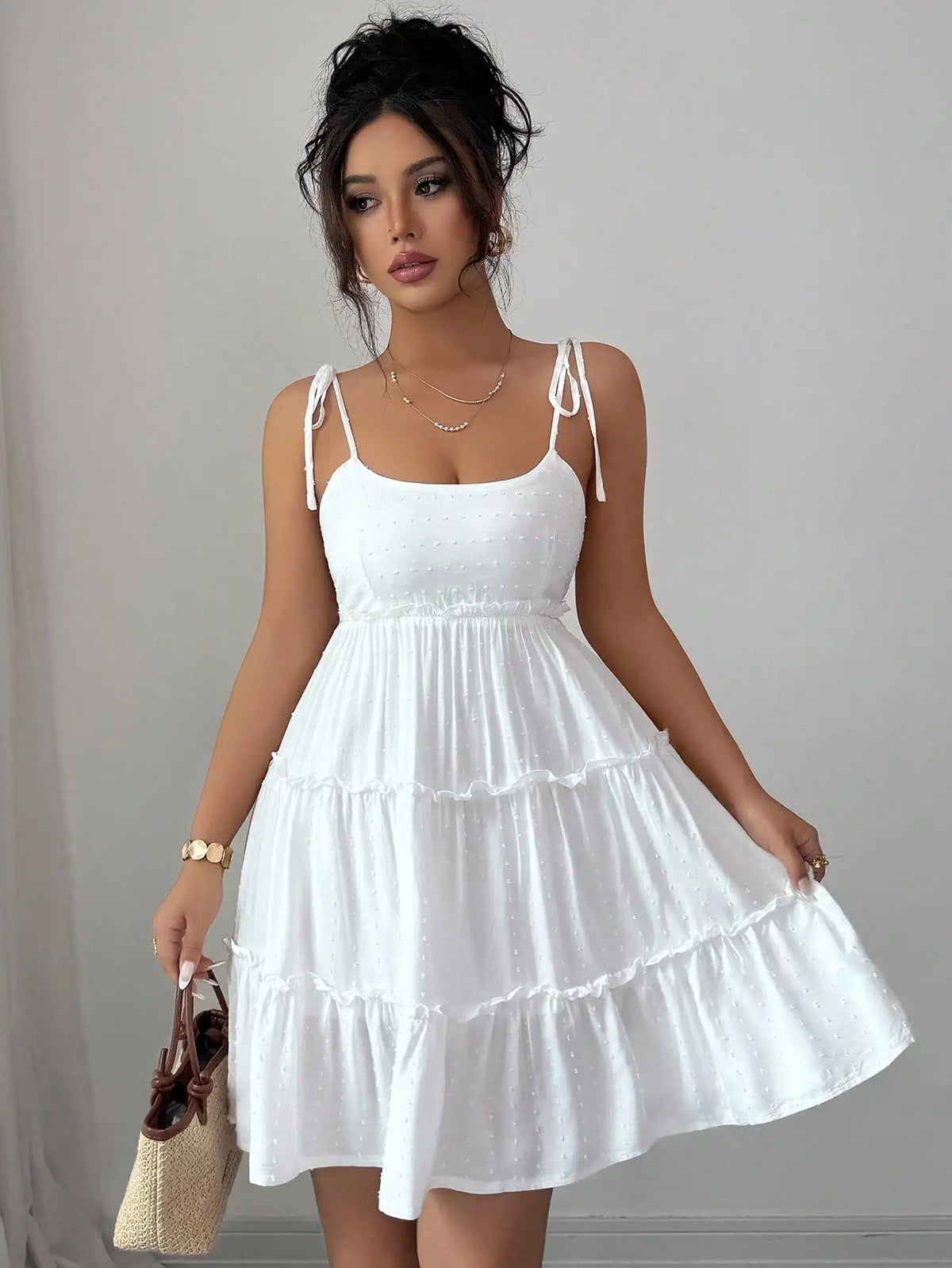 White Swiss Dot Tiered Ruffle Cami Dress for Summer Vacation