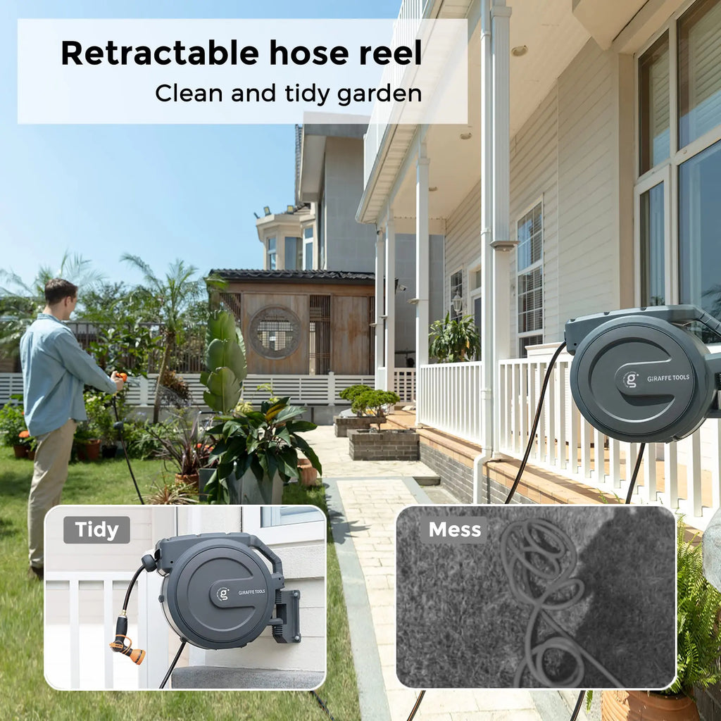 Giraffe Tools AW40 Retractable Garden Hose Reel 1/2 Inch x 130 ft hose, Super Heavy Duty, Any Length Lock, Slow Return System