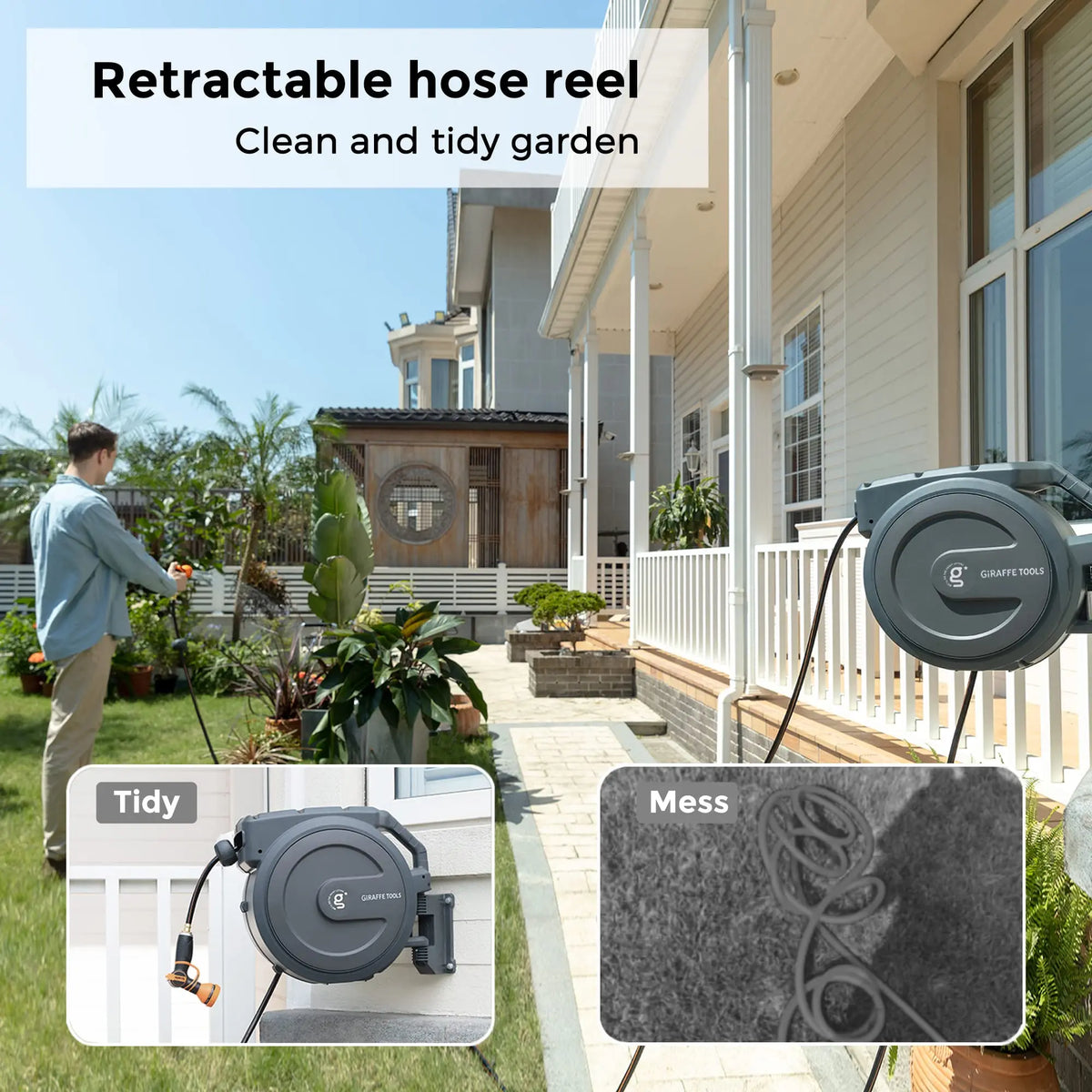 Giraffe Tools AW40 Retractable Garden Hose Reel 1/2 Inch x 130 ft hose, Super Heavy Duty, Any Length Lock, Slow Return System