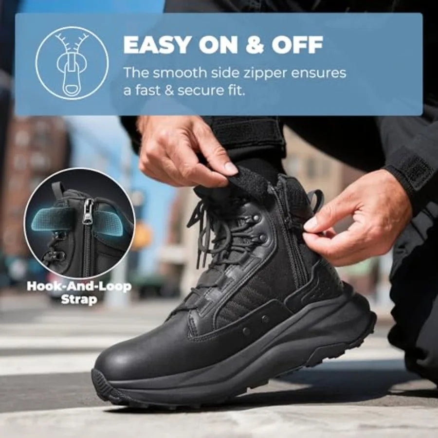 NORTIV Men's Wide Toe Box Work Military Tactical Boots Barefoot Hiking Low Drop Leather Side Zipper Motorcycle Combat Boots Pik