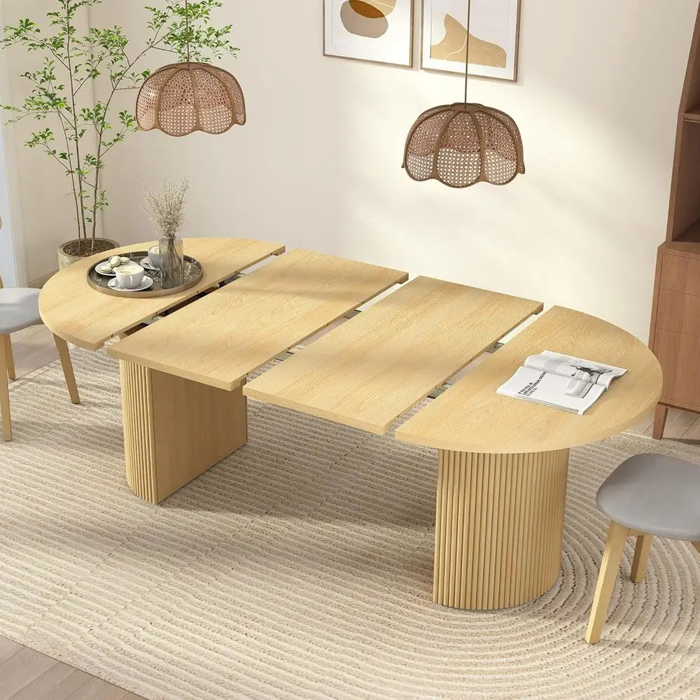 Expandable 4-8 Seater Oval Dining Table with Natural Luted Base for Kitchen, Living, and Dining Rooms