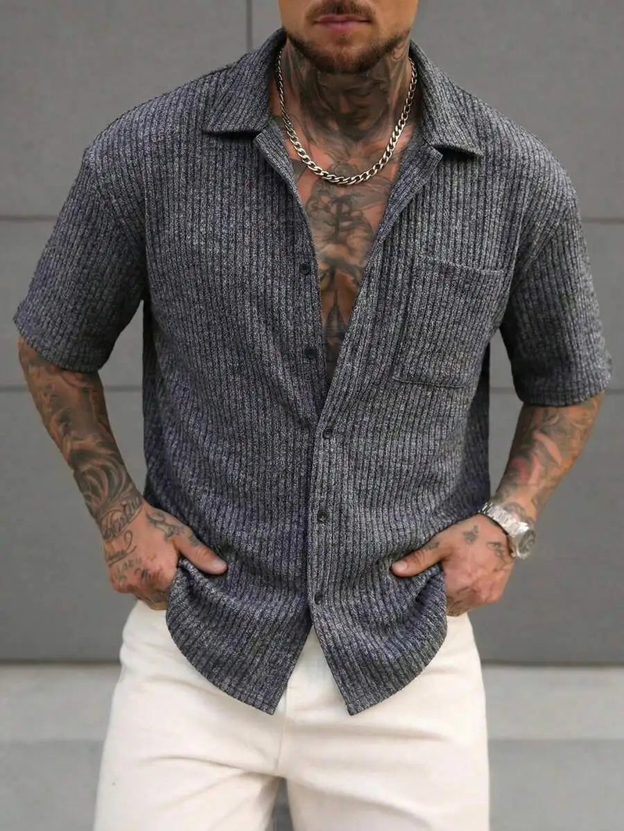 Men's Yellow Eyelet Lacework Short Sleeve Button-Down Casual Shirt