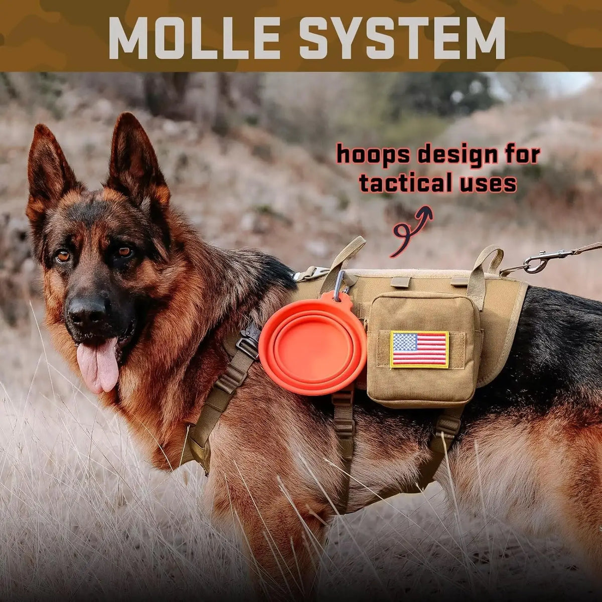 Tactical Dog Harness Set with Bungee Leash, Adjustable for Medium to Large Dogs, No-Pull Control, Khaki Color