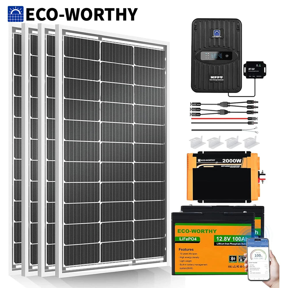 ECO-Worthy 1.6KWH Complete Solar Panel Kit 400W 12V for RV Off Grid: 4 * 100W Solar Panel+40A MPPT Controller+2*12V Battery