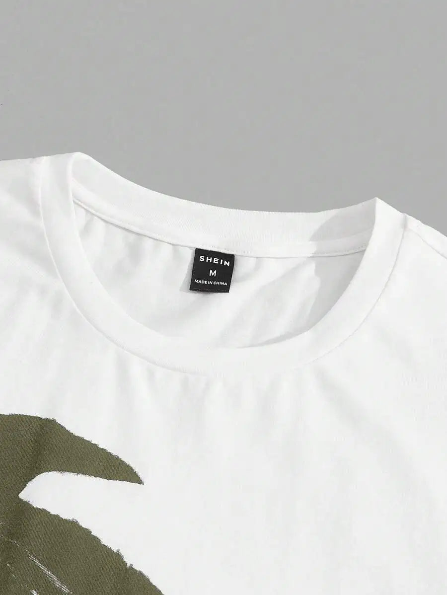 Men's 2-Piece Casual Set: White Short Sleeve Tee with Bird Graphic + Olive Drawstring Joggers